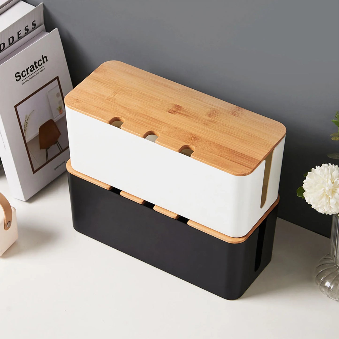 Wooden Style Cable Management Box Cord Organizer