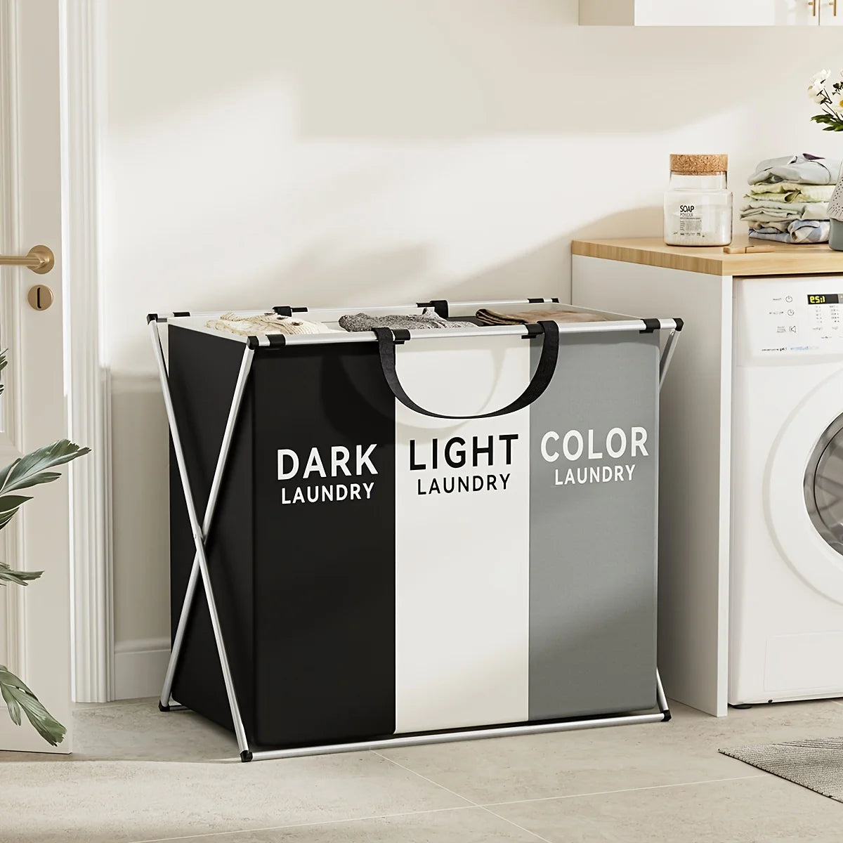 3-Section Divided Laundry Hamper Foldable Basket