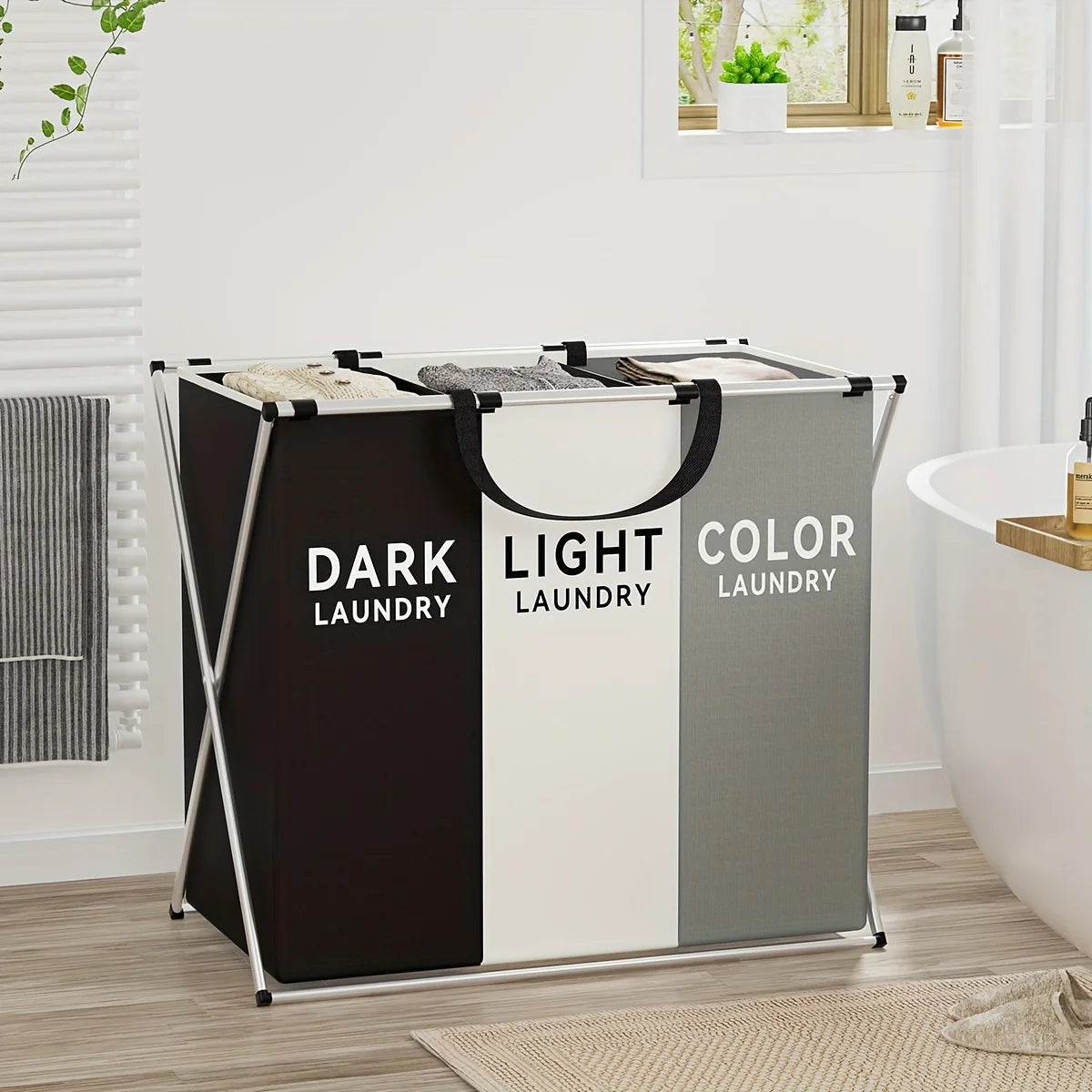 3-Section Divided Laundry Hamper Foldable Basket