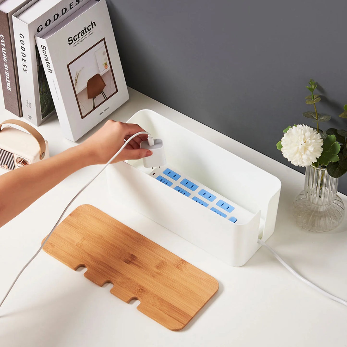Wooden Style Cable Management Box Cord Organizer