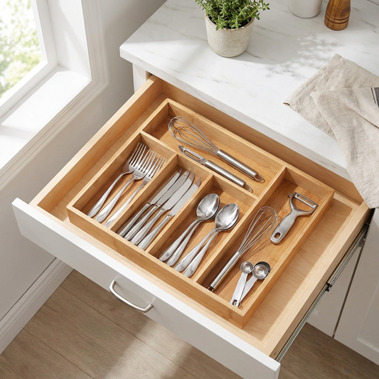 Bamboo Cutlery Divide Storage Trays lifestyle